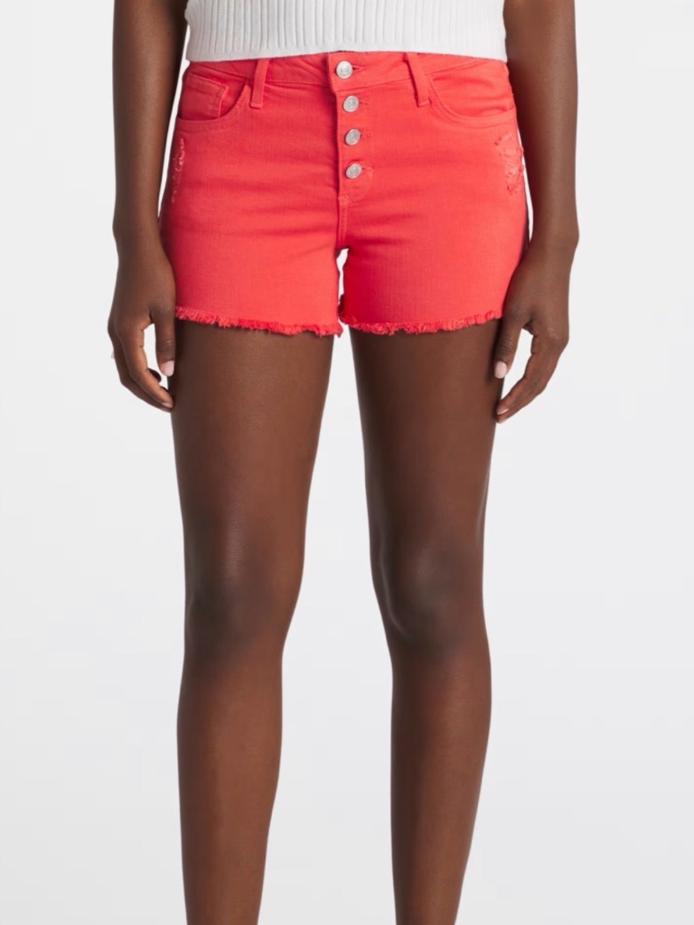 Just USA Myra Mid-Rise Frayed Hem Button-Front Women’s Coral Denim Shorts